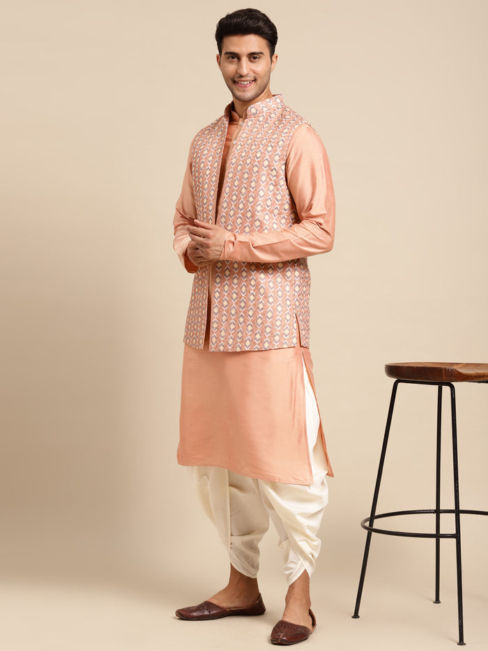 Men Peach kurta jacket set