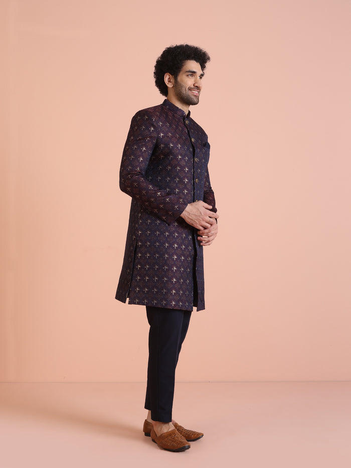 Men Purple & Wine Textured Indowestern Trouser Set
