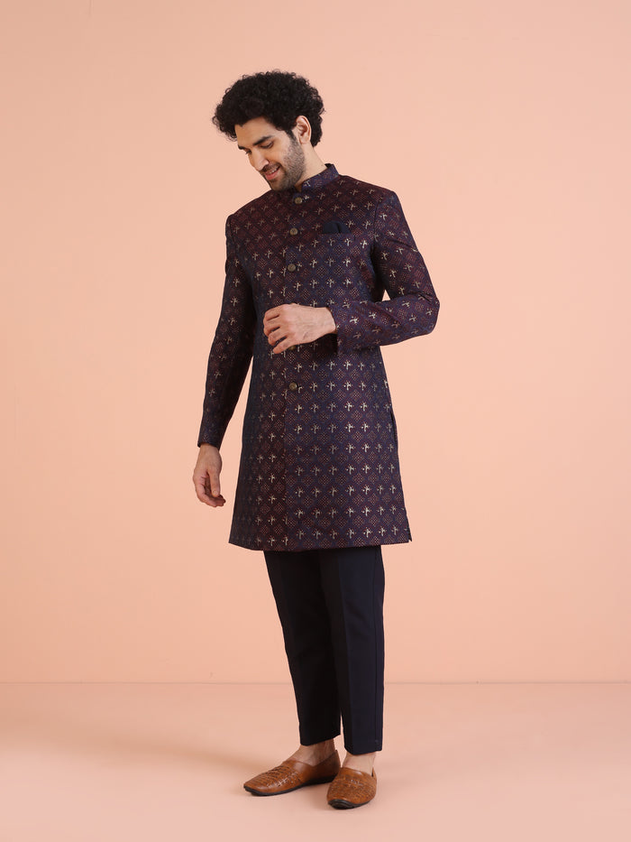Men Purple & Wine Textured Indowestern Trouser Set