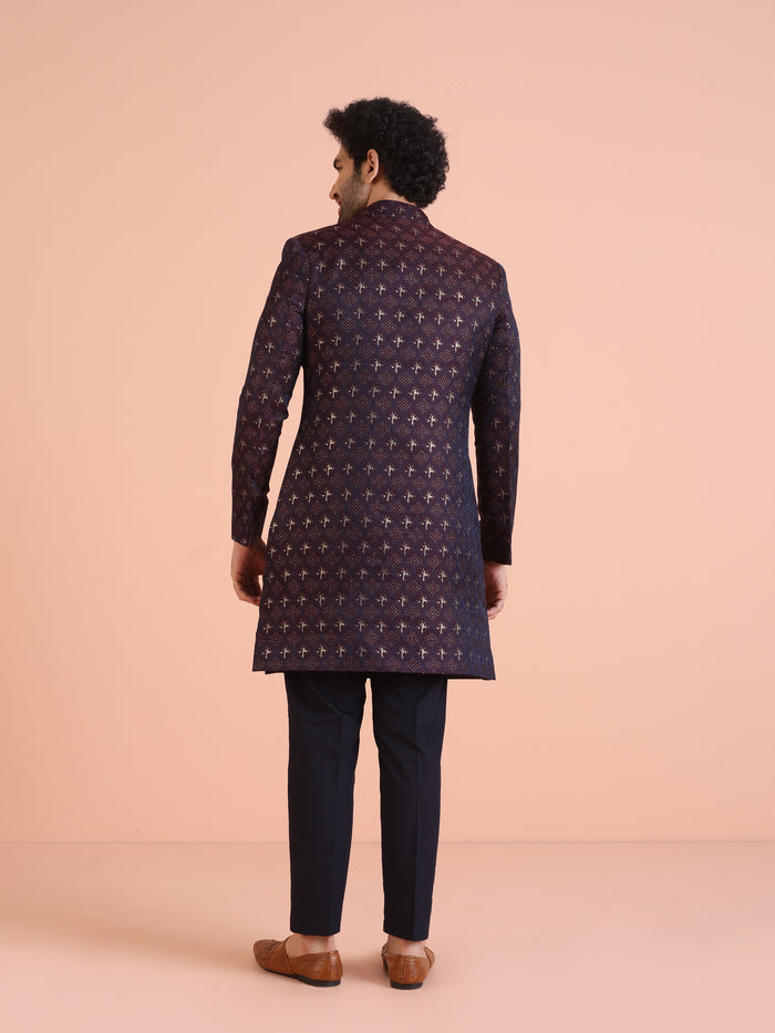 Men Purple & Wine Textured Indowestern Trouser Set