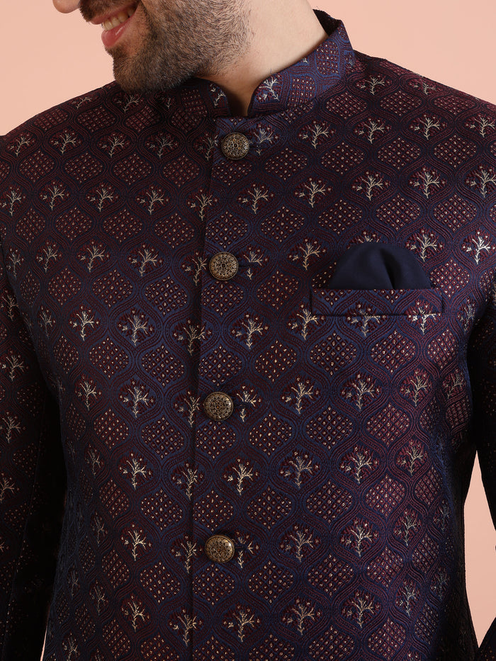 Men Purple & Wine Textured Indowestern Trouser Set