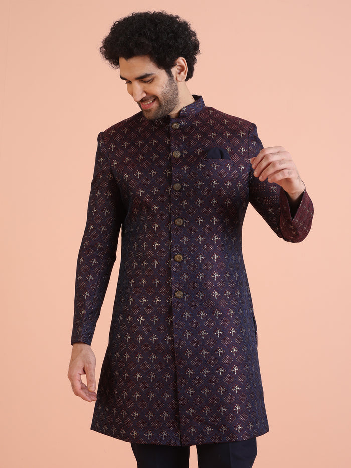 Men Purple & Wine Textured Indowestern Trouser Set