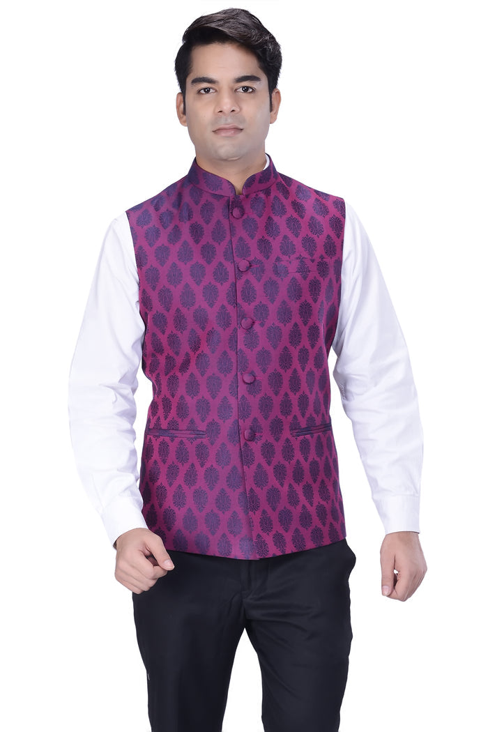 Men Purple Woven Design Nehru Jacket