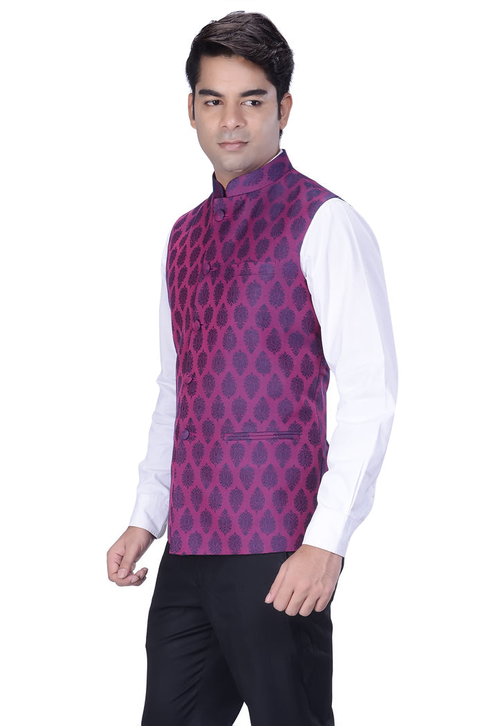 Men Purple Woven Design Nehru Jacket