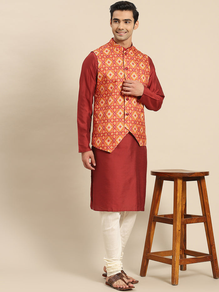 Men Red Kurta Jacket Set