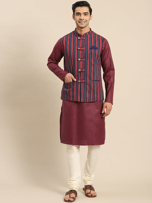 Men Red Kurta Jacket Set