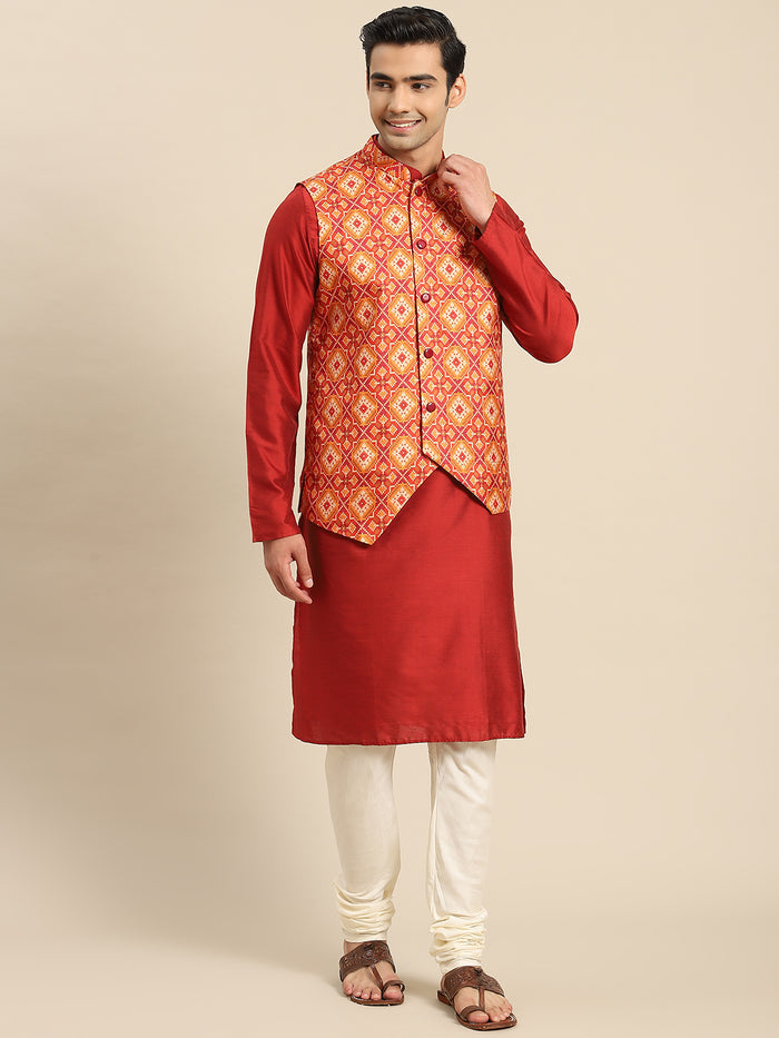 Men Red Kurta Jacket Set