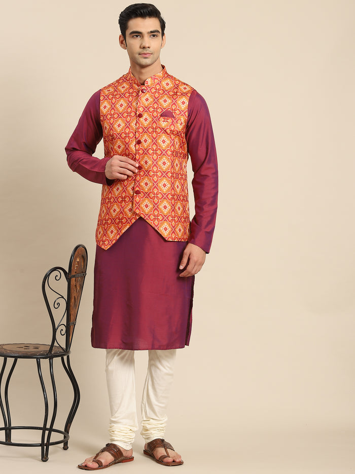 Men Red Kurta Jacket Set