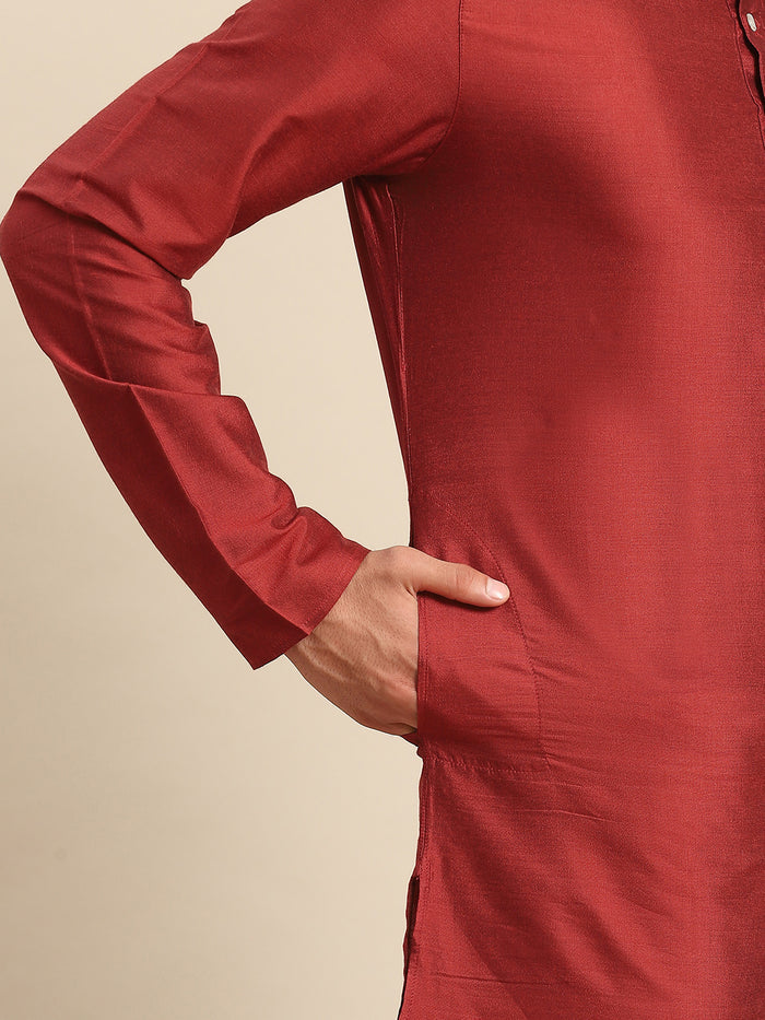 Men Red Kurta Jacket Set