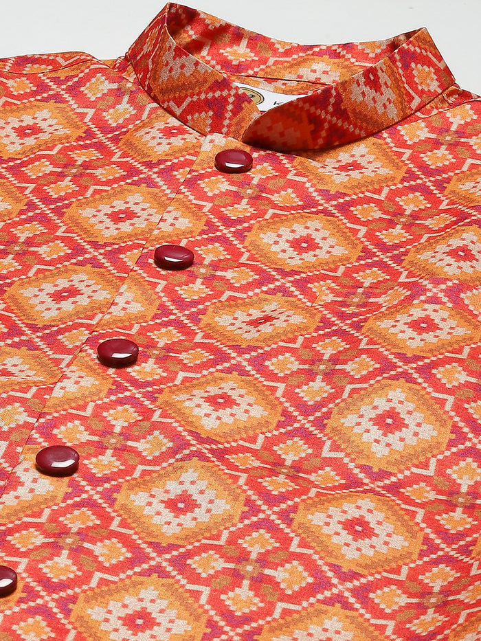 Men Red Kurta Jacket Set