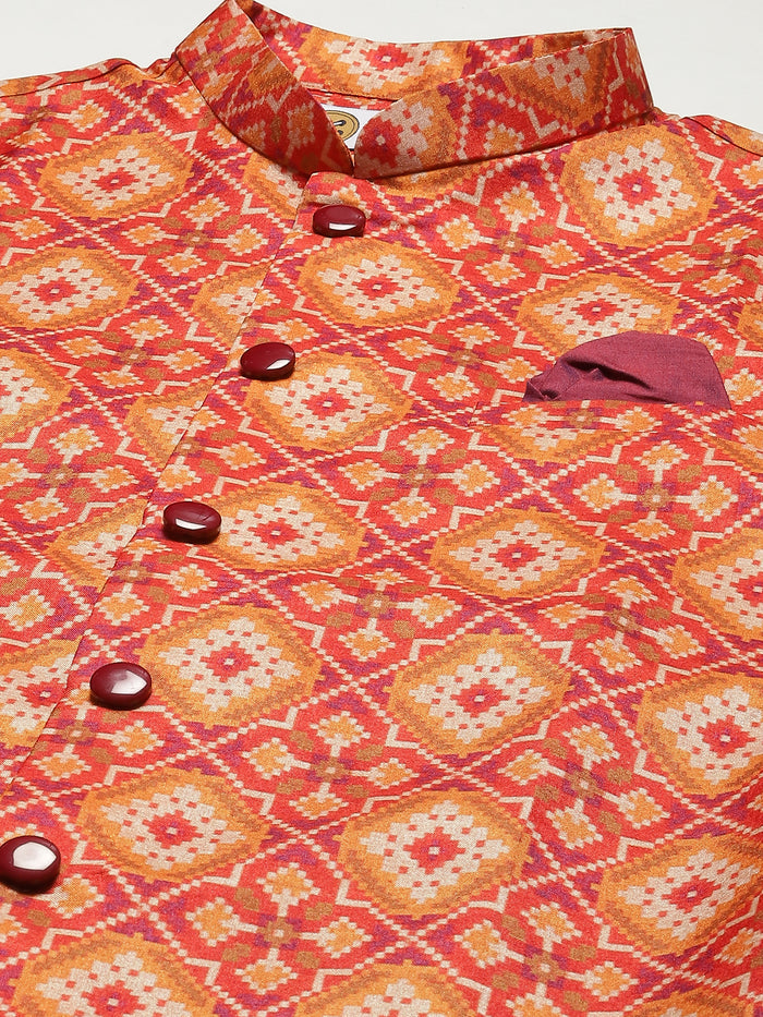 Men Red Kurta Jacket Set
