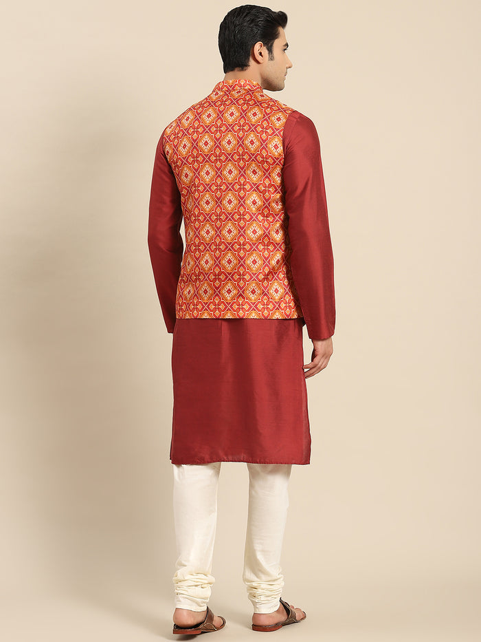 Men Red Kurta Jacket Set
