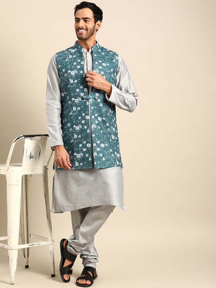 Men Turquoise Blue Nehru Jacket