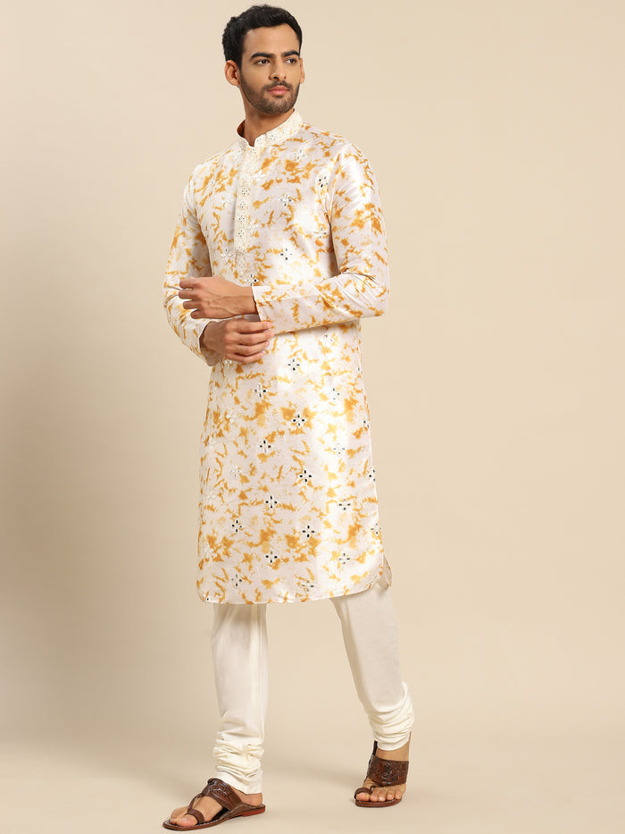 Men white Embroidered kurta Churidar set