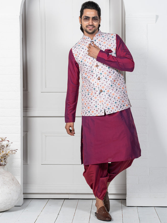 Men White Geometric Nehru Jacket