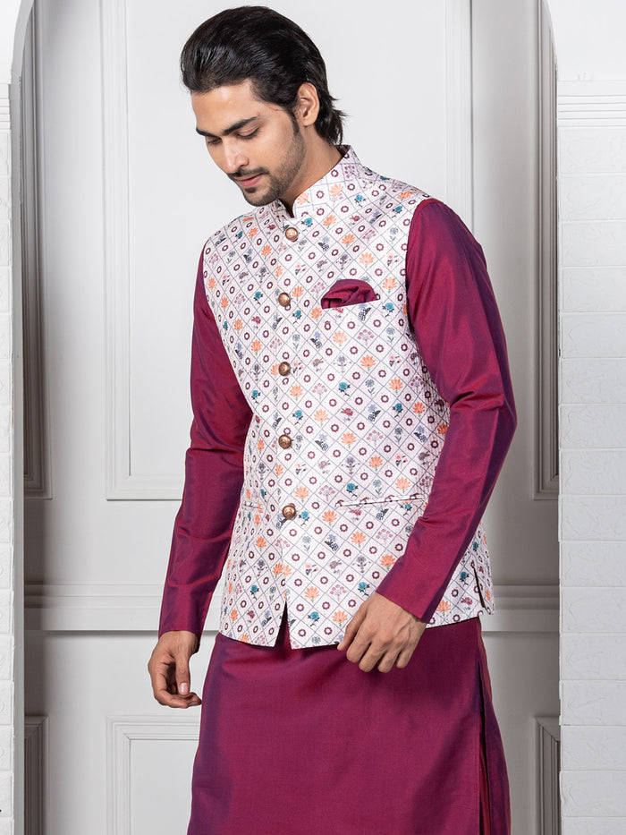 Men White Geometric Nehru Jacket
