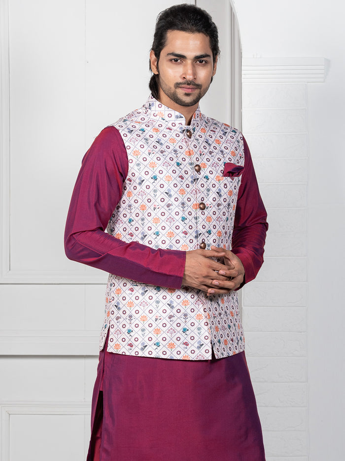 Men White Geometric Nehru Jacket