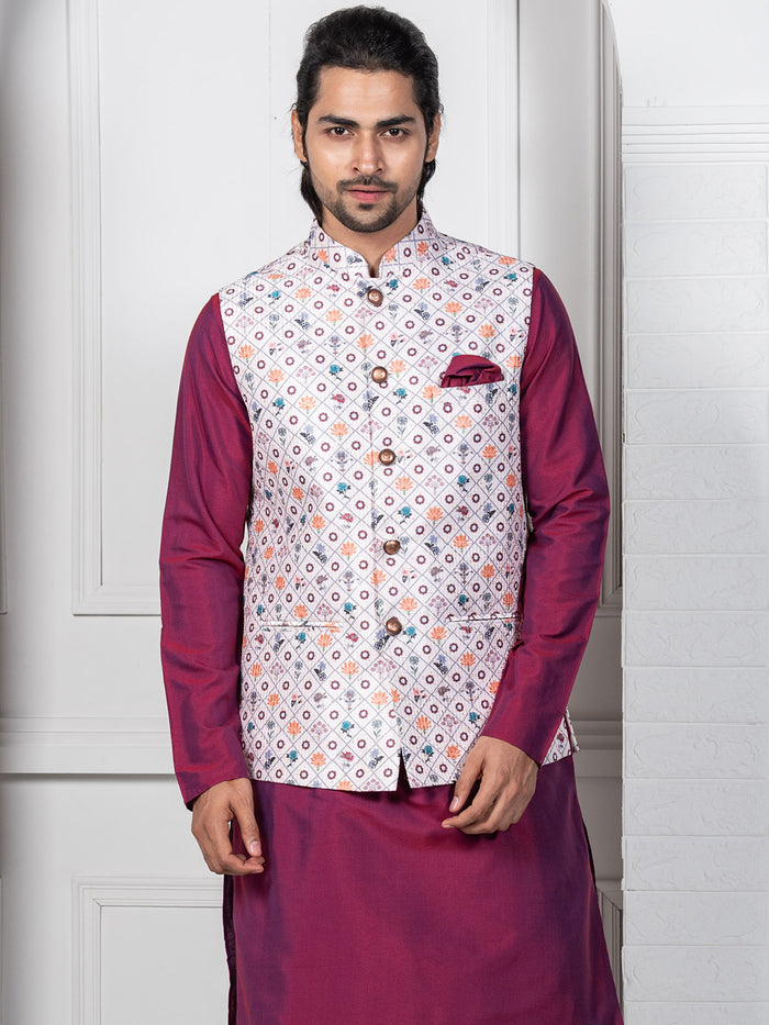Men White Geometric Nehru Jacket