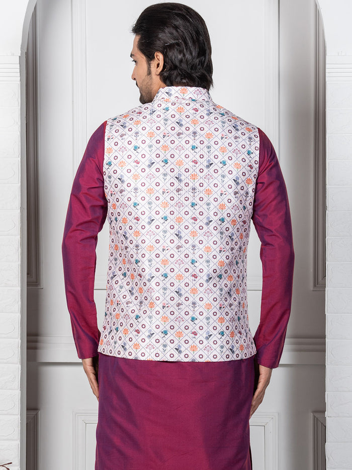 Men White Geometric Nehru Jacket