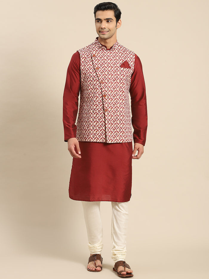 Men White Kurta Jacket Set