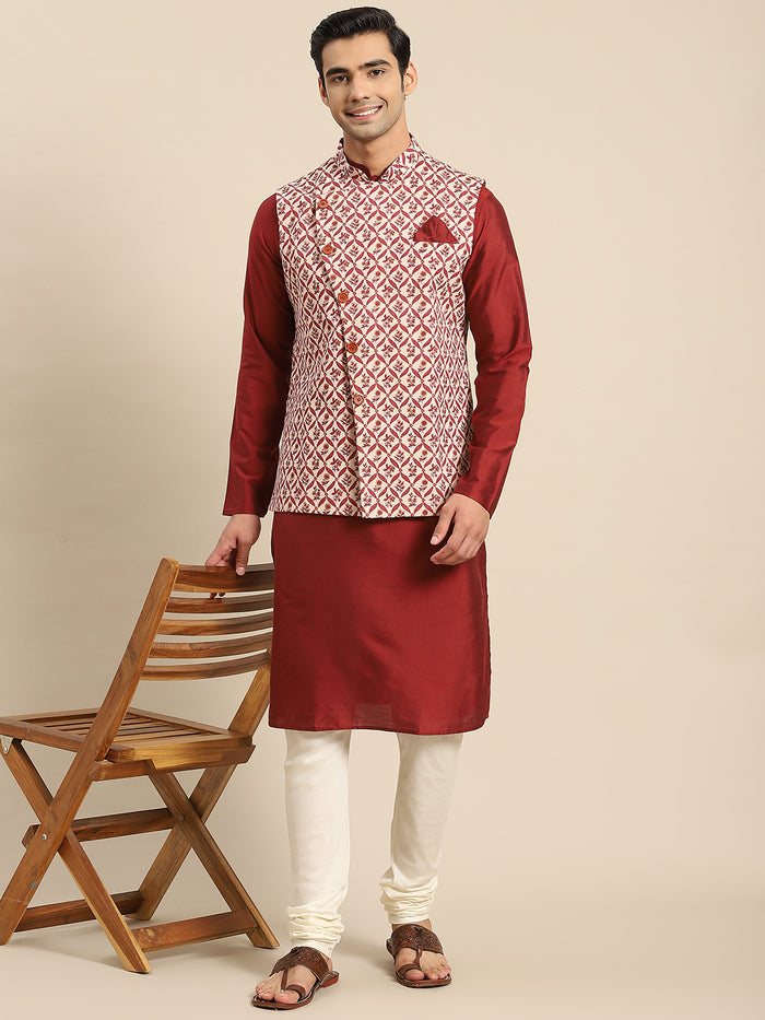 Men White Kurta Jacket Set