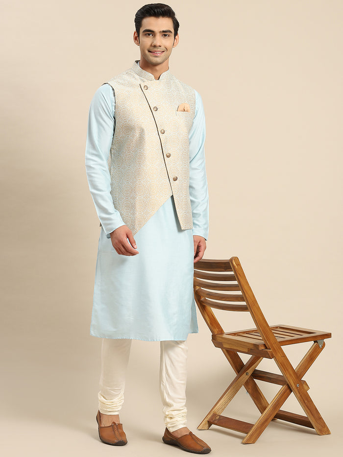 Men White Kurta Jacket Set