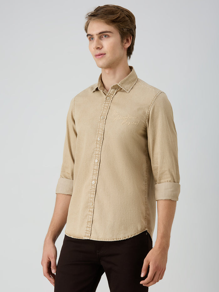 Men's Beige Solid Straight Fit Shirts