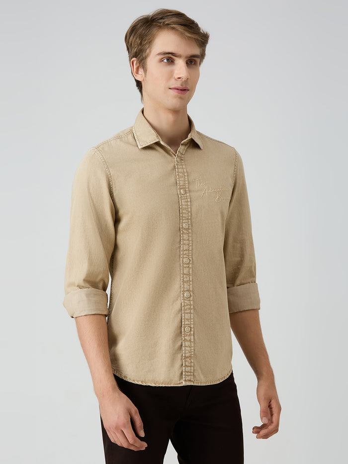 Men's Beige Solid Straight Fit Shirts