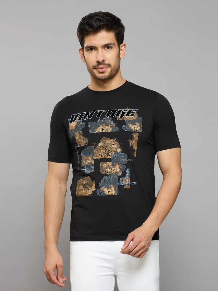 Men's Black Printed Slim Fit T-Shirts