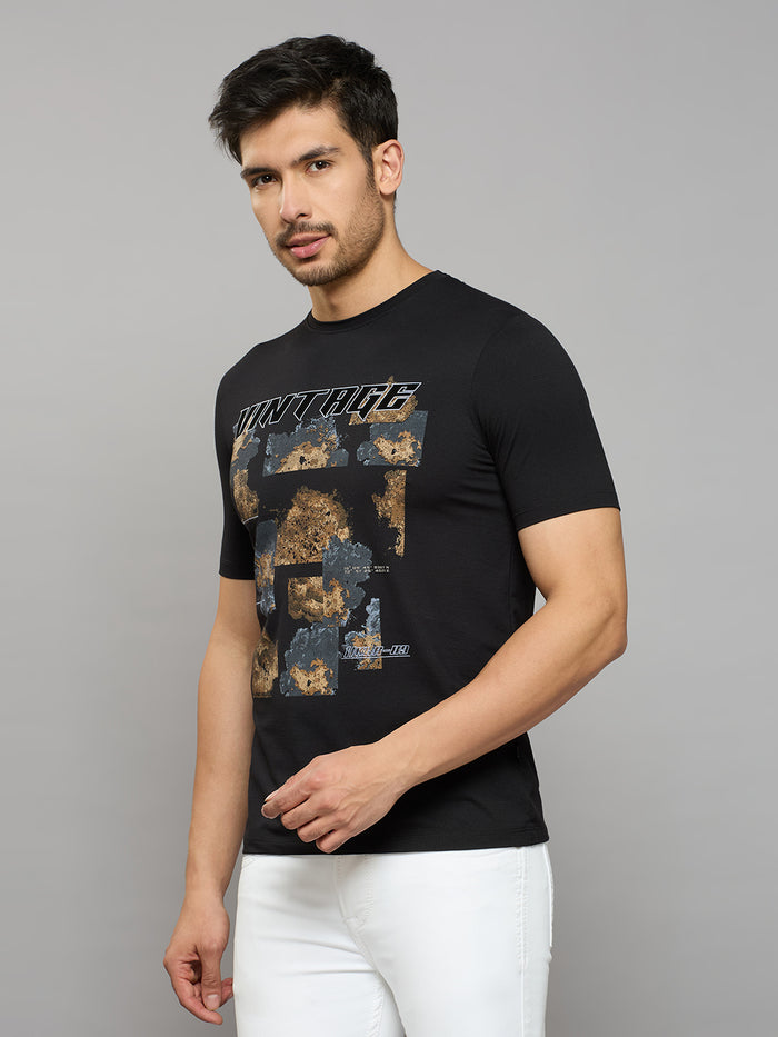 Men's Black Printed Slim Fit T-Shirts