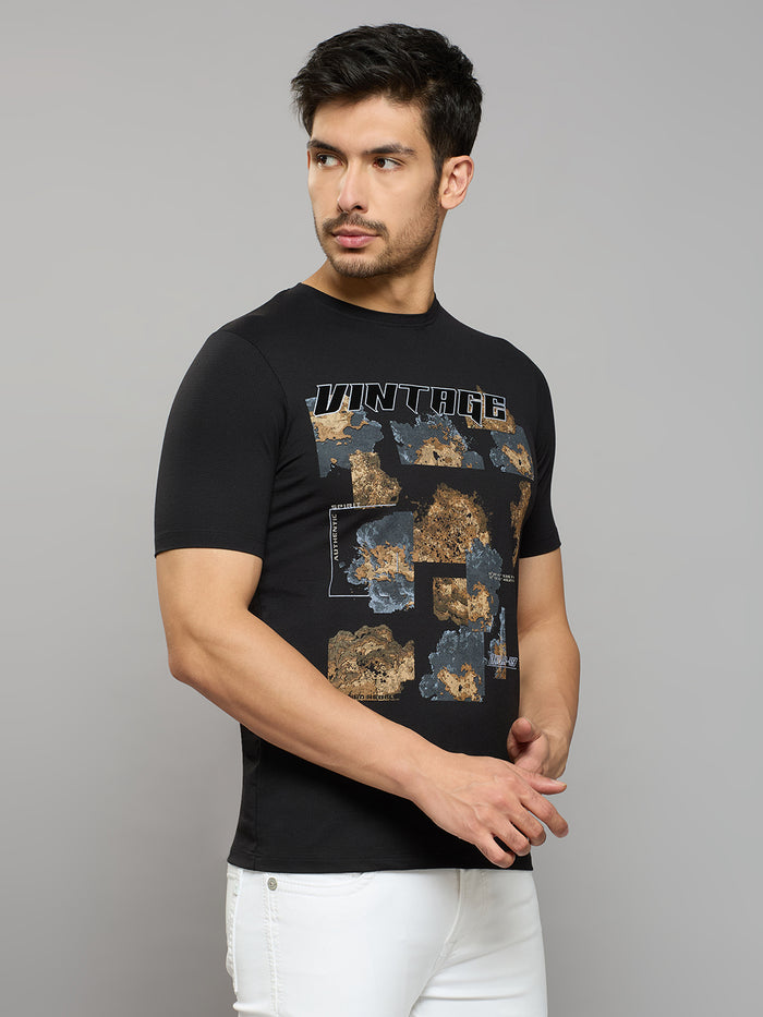 Men's Black Printed Slim Fit T-Shirts