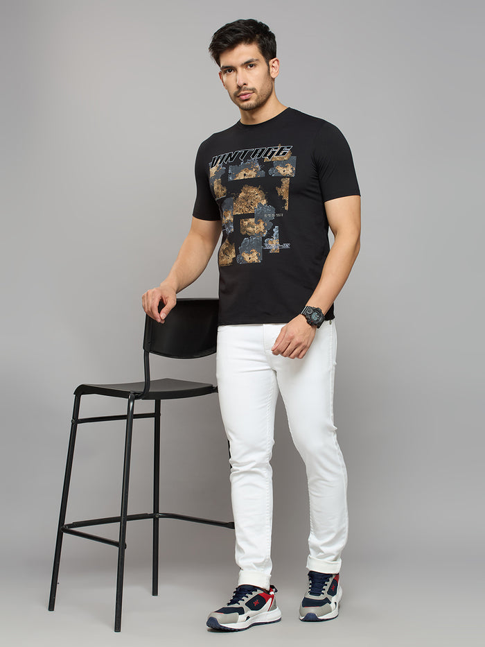 Men's Black Printed Slim Fit T-Shirts