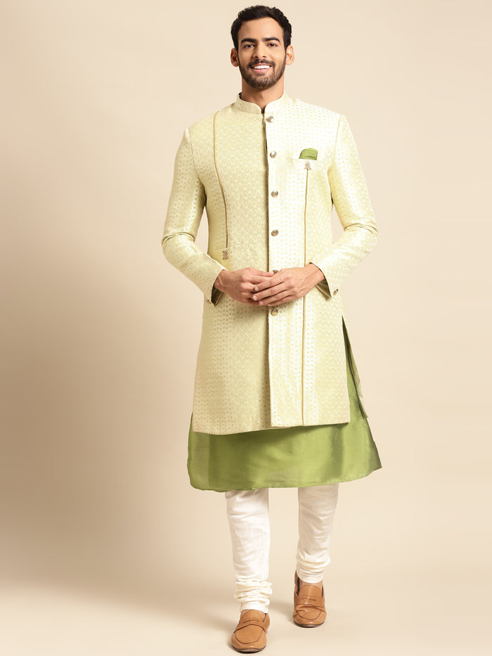 Men's Gold Indowestern Set With Kurta and Churidar