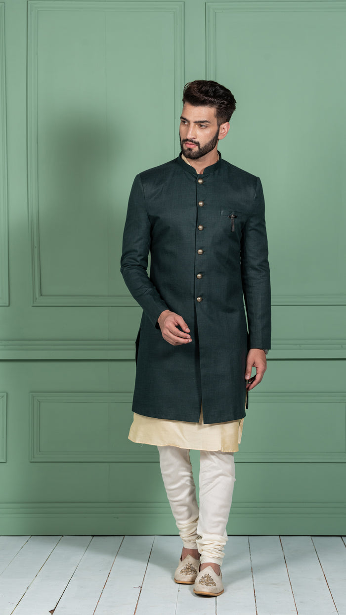 Men's Green Indowestern Set With Kurta and Churidar