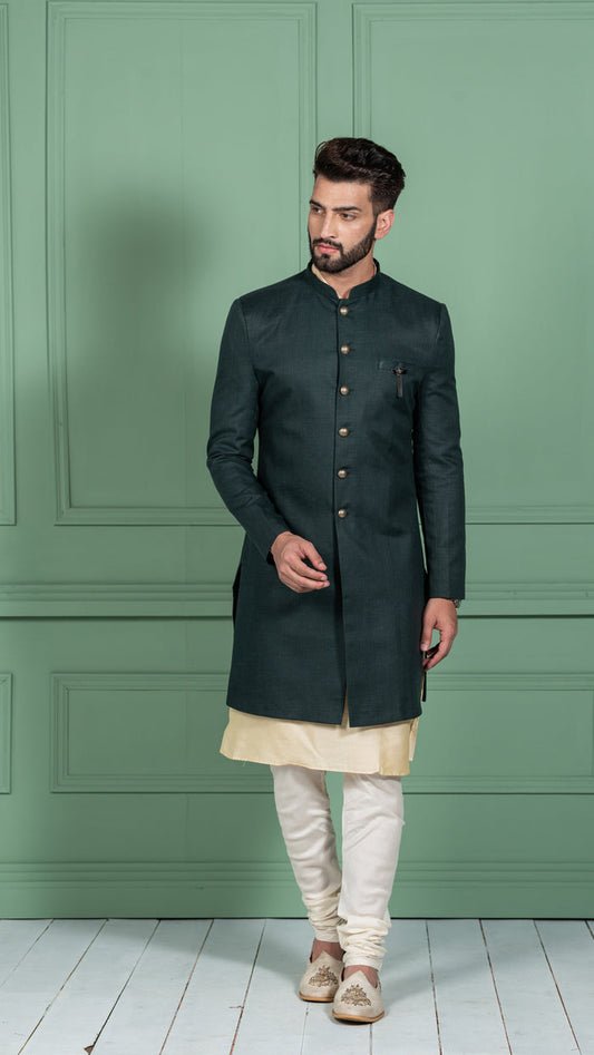 Men's Green Indowestern Set With Kurta and Churidar