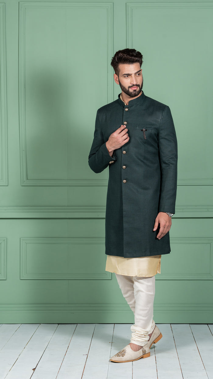 Men's Green Indowestern Set With Kurta and Churidar
