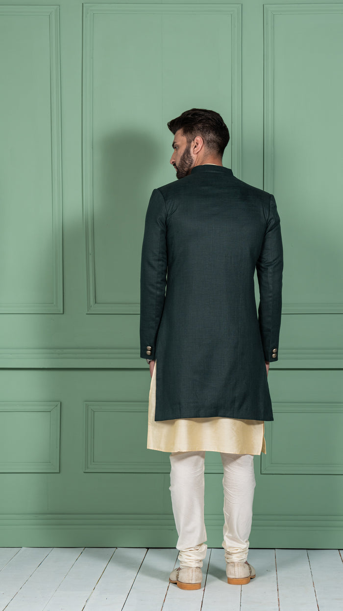Men's Green Indowestern Set With Kurta and Churidar