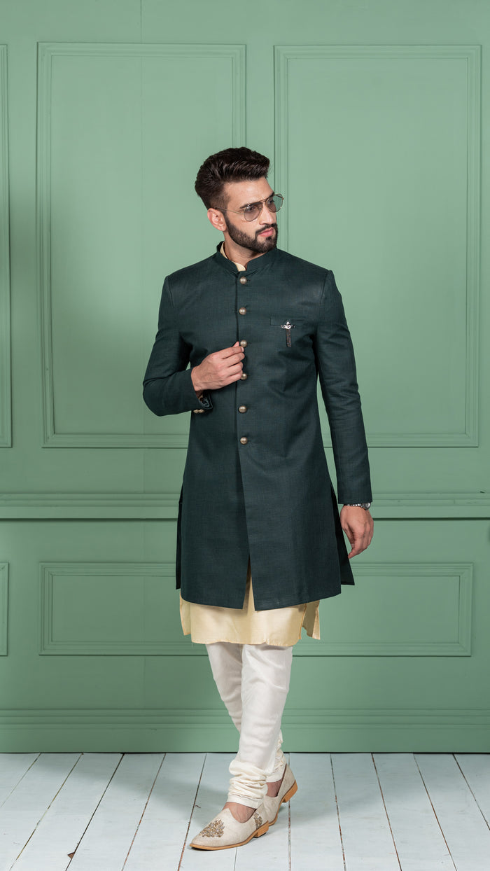 Men's Green Indowestern Set With Kurta and Churidar