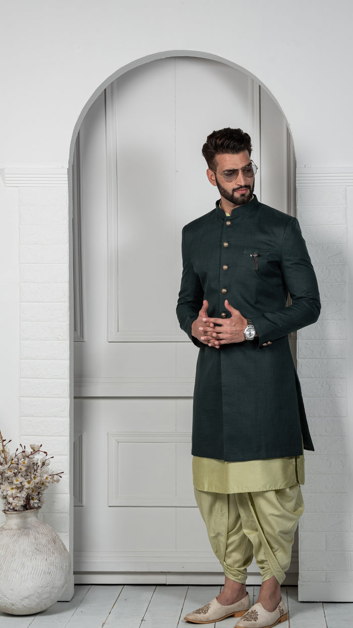 Men's Green Indowestern Set With Kurta and Dhoti