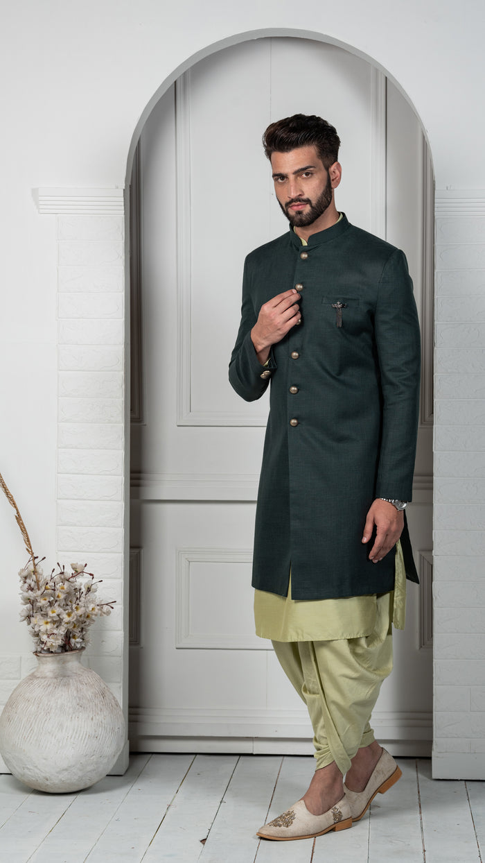Men's Green Indowestern Set With Kurta and Dhoti