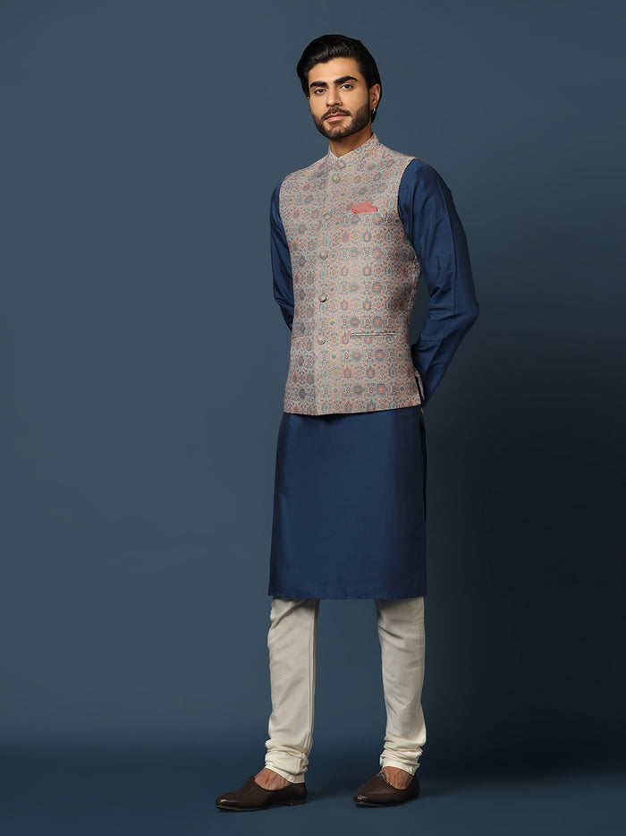 Men's Multicolored Kurta Jacket Churidar Set