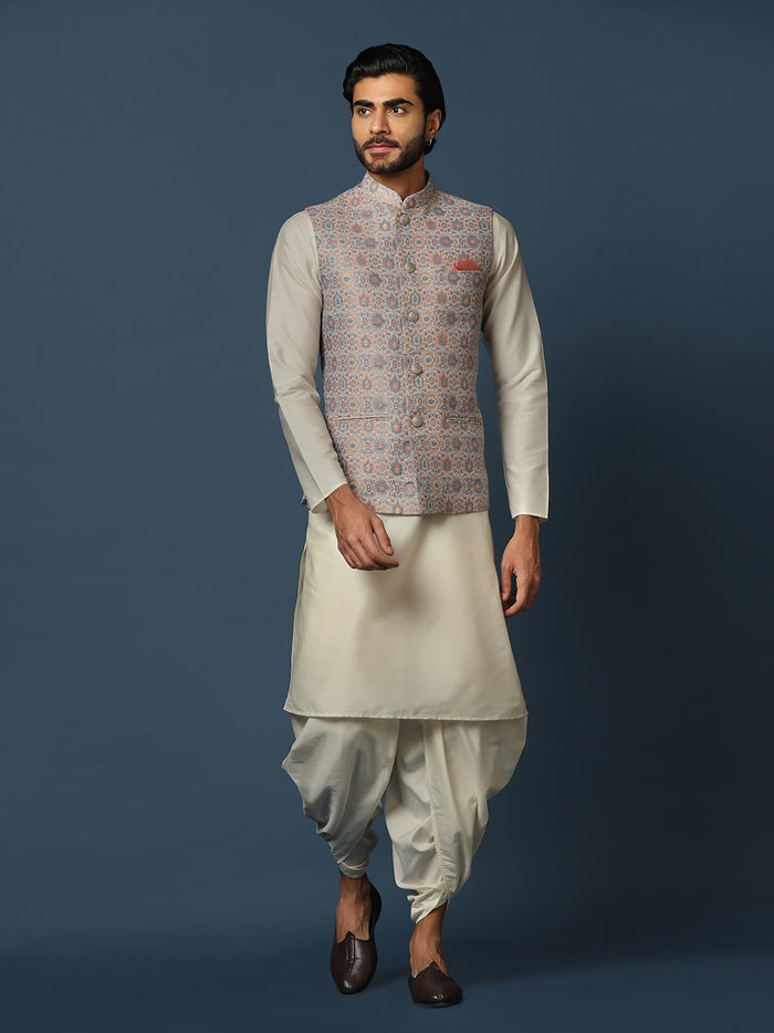 Men's Multicolored Kurta Jacket Dhoti Set