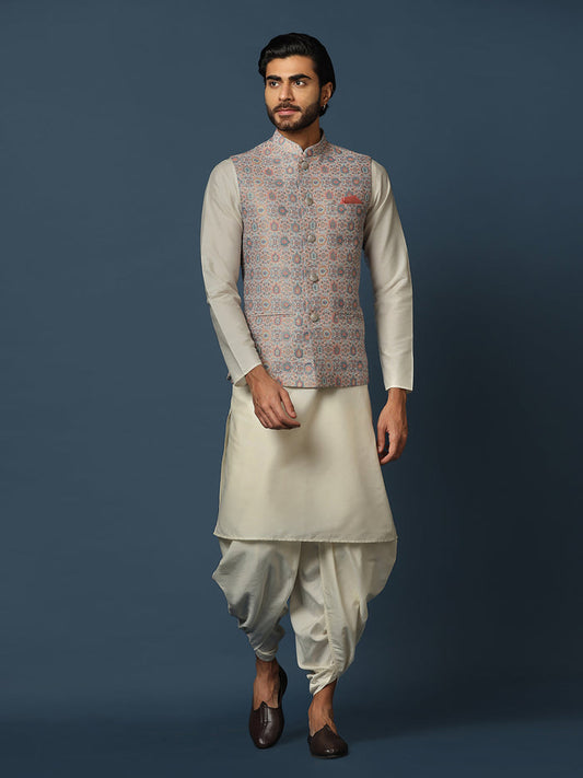 Men's Multicolored Kurta Jacket Dhoti Set