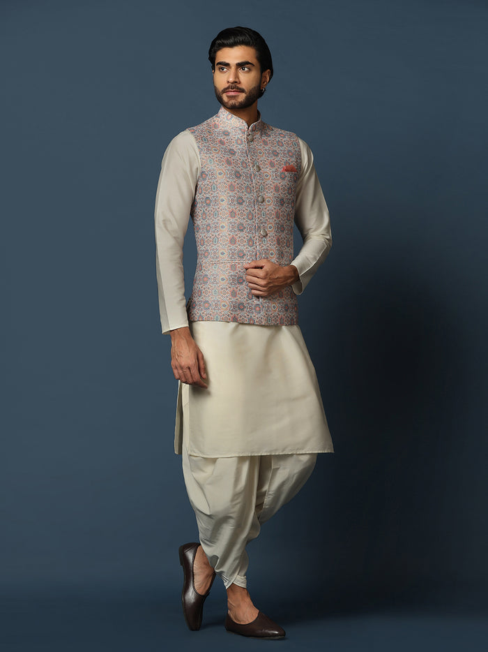 Men's Multicolored Kurta Jacket Dhoti Set