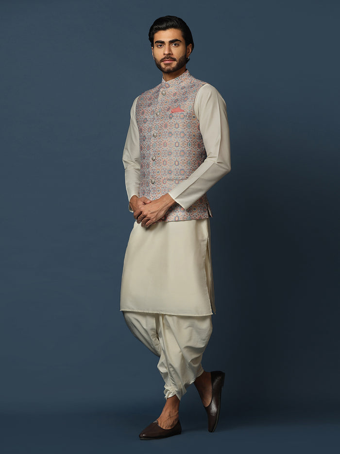 Men's Multicolored Kurta Jacket Dhoti Set