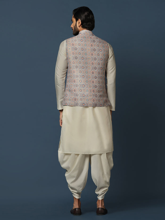 Men's Multicolored Kurta Jacket Dhoti Set