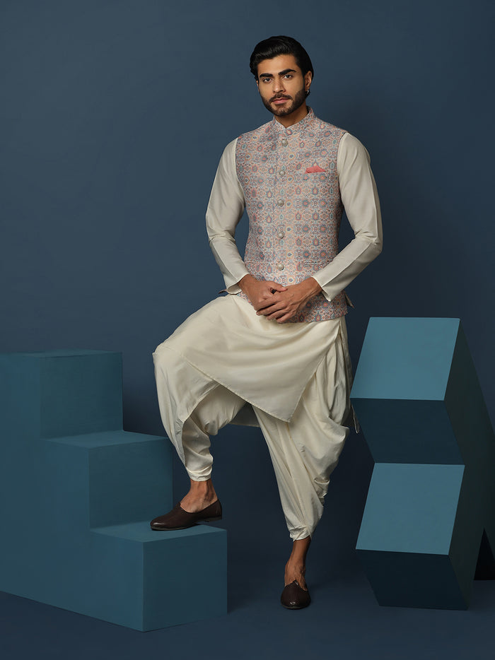 Men's Multicolored Kurta Jacket Dhoti Set