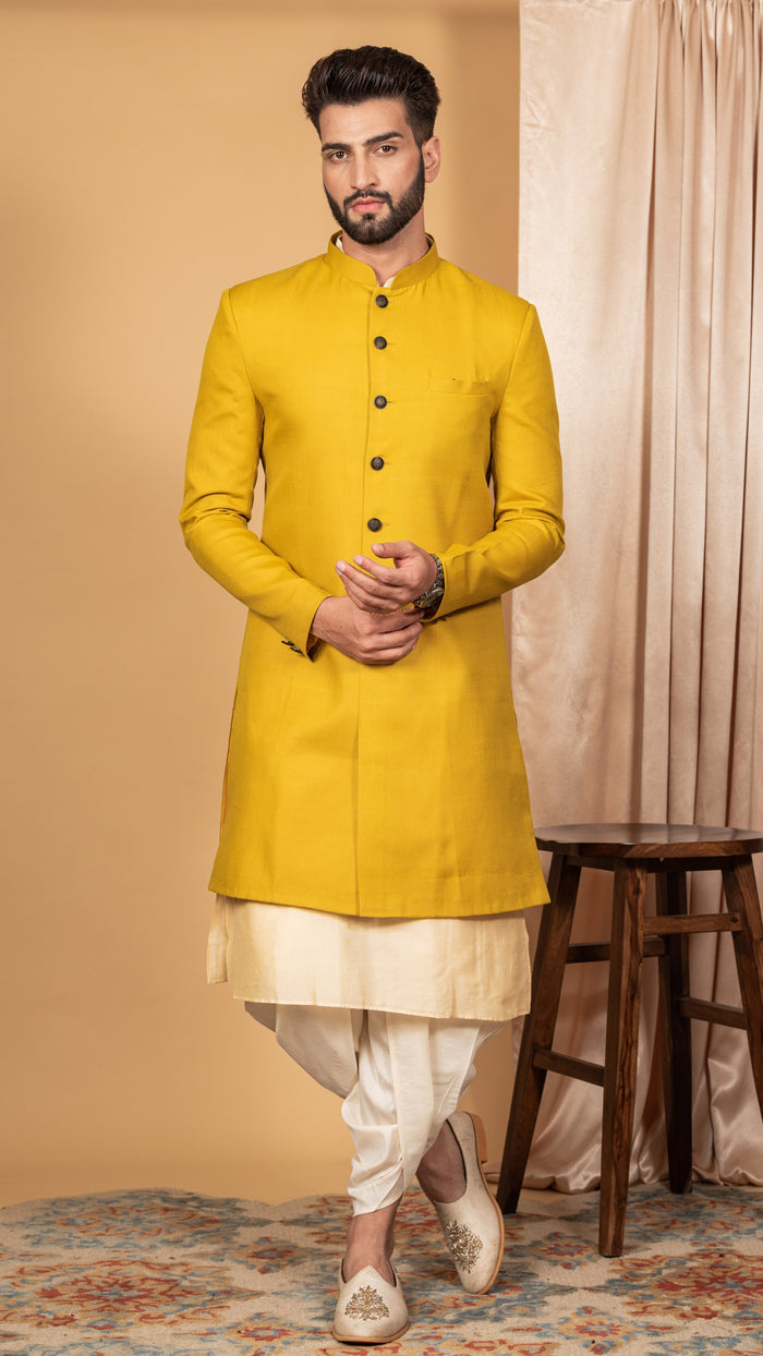 Men's Mustard Indowestern Set With Kurta and Dhoti