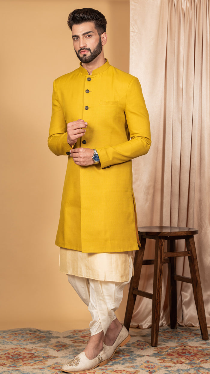 Men's Mustard Indowestern Set With Kurta and Dhoti