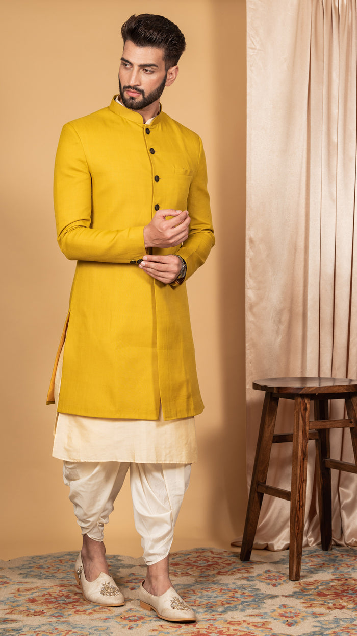Men's Mustard Indowestern Set With Kurta and Dhoti
